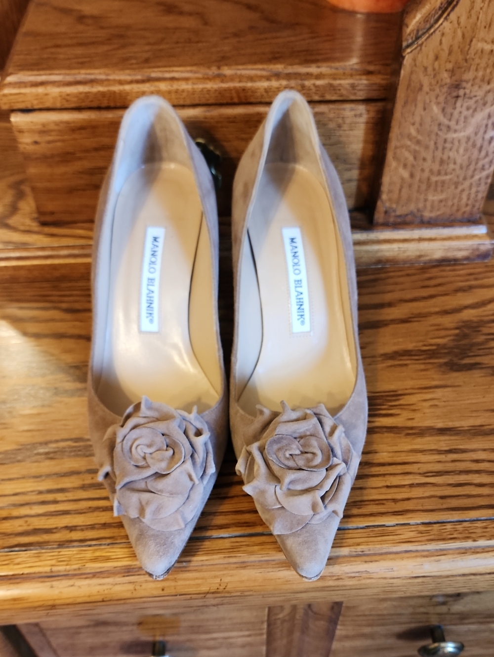 Manolo Blahnik Taupe Suede Pointed-Toe Pumps with Suede Rosette